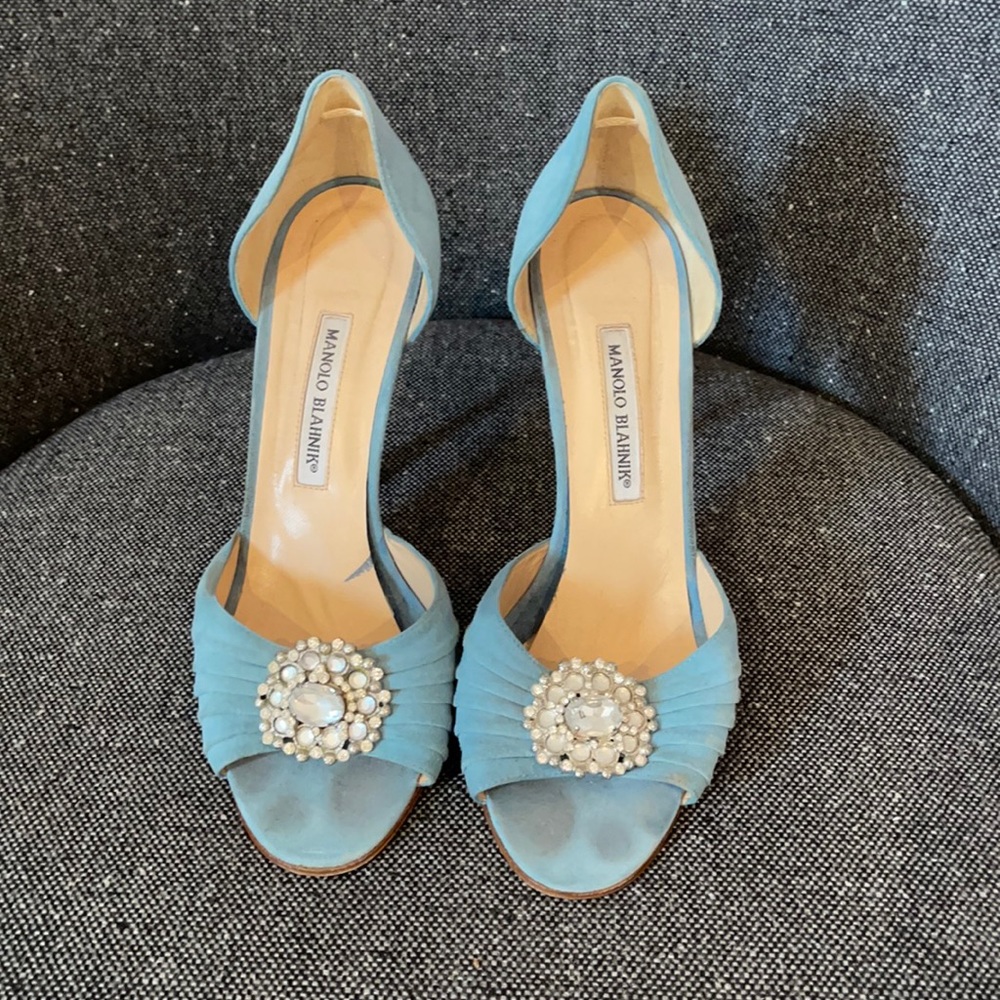 Manolo Blahnik Sedaraby d'orsay suede jeweled heels in blue - size 41